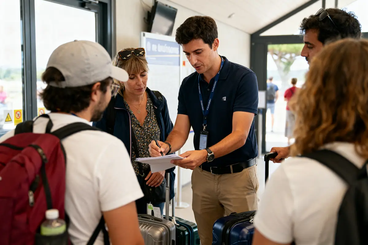 Accompagnateur de voyage aidant des touristes avec leurs documents à l'aéroport.