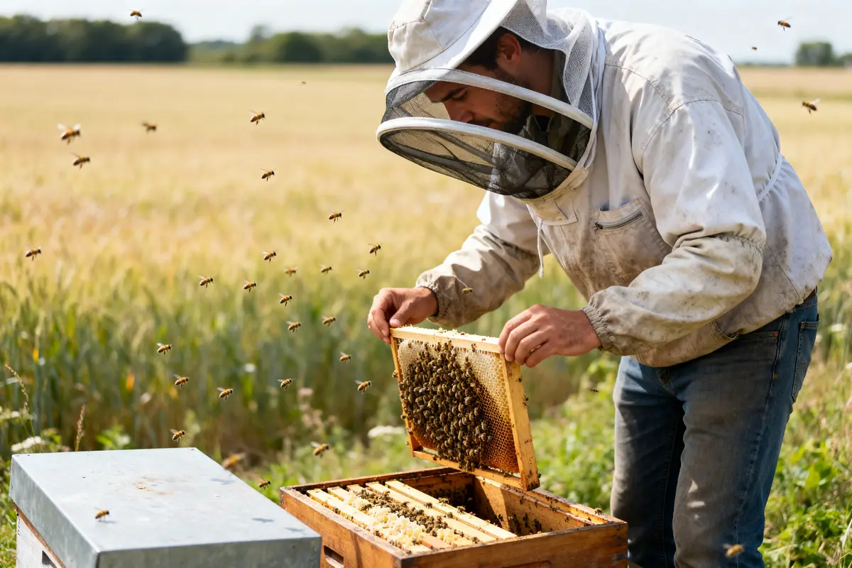 Apiculteur inspectant une ruche pour débuter en apiculture dans un champ verdoyant