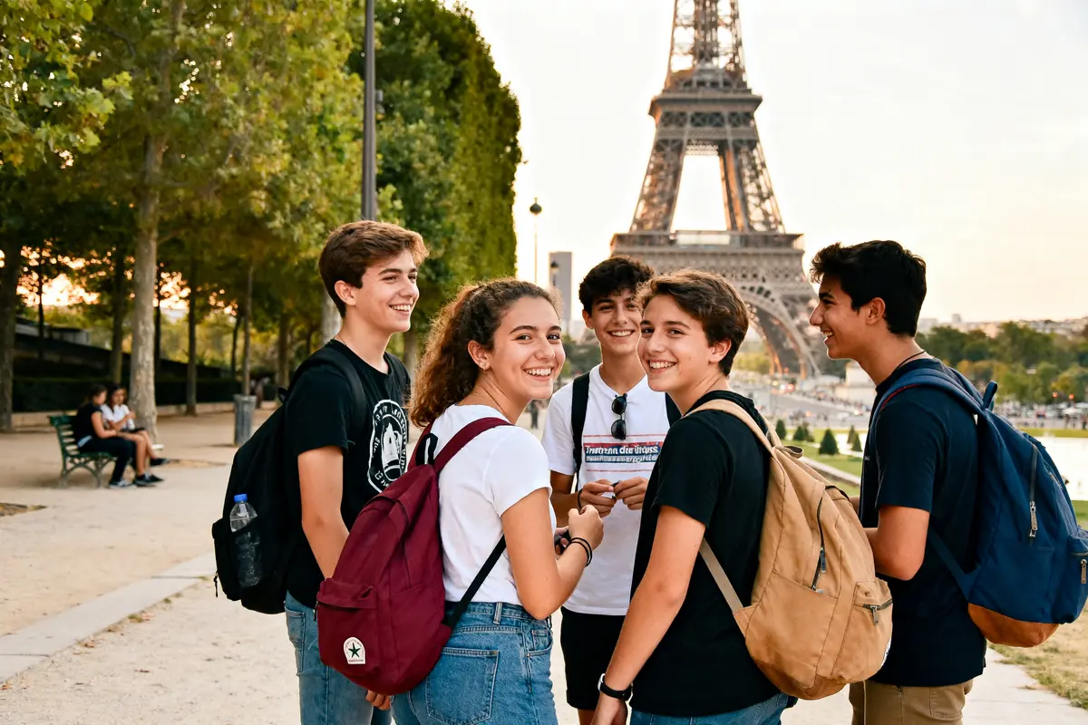 Groupe de jeunes en vacances à Paris devant la tour Eiffel souriants et heureux
