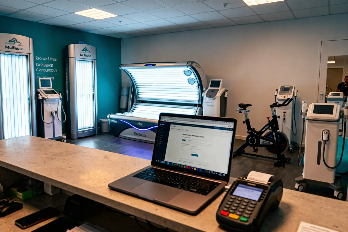 Salle de bronzage et fitness avec équipements modernes chez Sun Story à Mulhouse