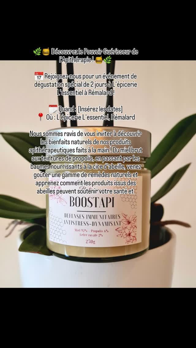 🌿🍯 Découvrez le Pouvoir Guérisseur de l'Apithérapie ! 🍯🌿

📅 Rejoignez-nous pour un événement de dégustation spécial de 2 jours à L'épicerie L'essentiel à Rémalard le 26 et 27 octobre

Nous sommes ravis de vous inviter à découvrir les bienfaits naturels de nos produits d'apithérapie produits dans le perche ! Du miel brut aux teintures de propolis, en passant par les baumes nourrissants à la cire d’abeille, venez goûter une gamme de remèdes naturels et apprenez comment les produits issus des abeilles peuvent soutenir votre santé et votre bien-être. 🐝💛

✨ Pourquoi venir :

🌸 Dégustez nos cocktails santé  uniques

🐝 Découvrez les bienfaits curatifs du miel, de la propolis, de la gelée royale, et bien plus encore

🍯 Rencontrez l’apiculteur derrière la magie

Assurez-vous de passer nous voir et n'hésitez pas à amener un ami pour cette expérience incroyable !

👉 Suivez-nous pour plus de mises à jour, et à bientôt !

#Apitherapie #ProduitsDeLaRuche #SanteNaturelle #LEpicerieLEssentiel #VieDApiculteur #SoutenirLesEntreprisesLocales #DegustationEtDecouverte #EvenementsRemalard